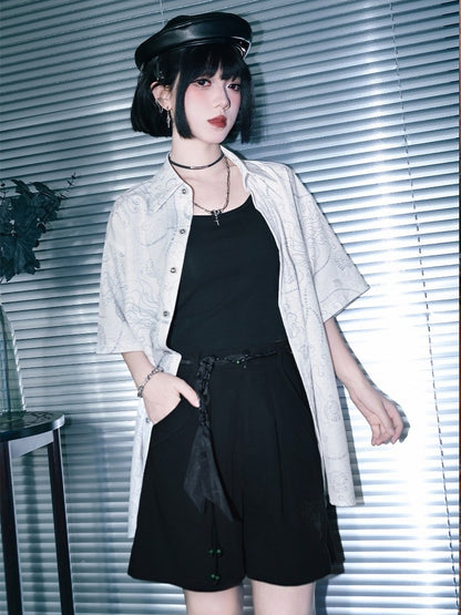 Black Wide Leg Shorts with Sea Lily Embroidery - Quirky Hut