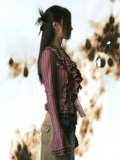 PU Purple-Red with Cardigan Adjustable Knit Ruffles Belt Tulle