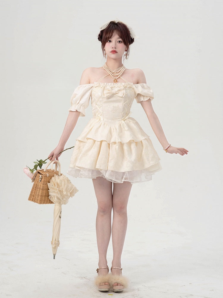 Sleeves Lace-Up Beige Soft Puff and Short Basque with Dress Waist