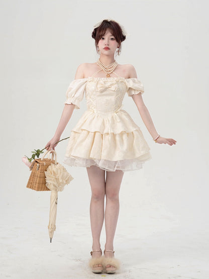 Sleeves Lace-Up Beige Soft Puff and Short Basque with Dress Waist