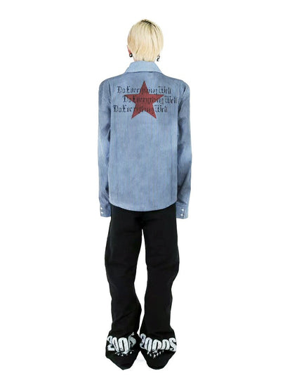 Washed Distressed Blue Striped Shirt with Red Star Prints - DETW OnLine
