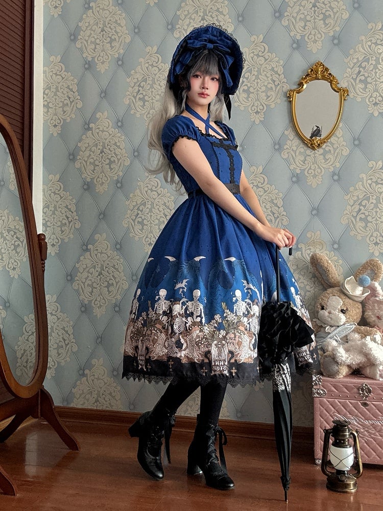 Cross Trim Black Gothic Skeleton Dress and Lace Lolita with Print Blue