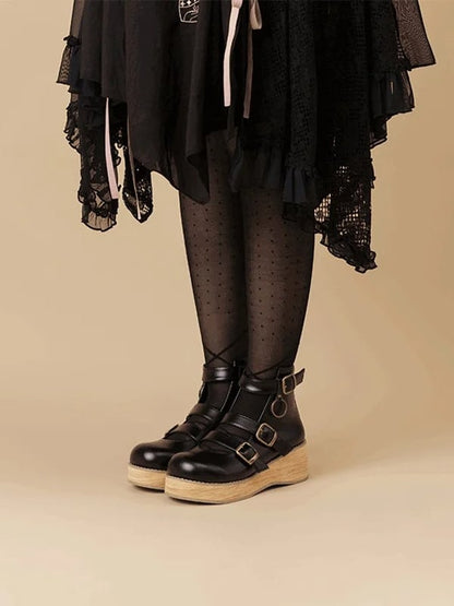 Plateau-Spitze mit Keilschnalle 3-5 cm Sohle rund schwarz 3 Riemen