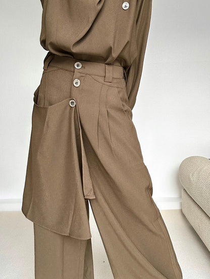 Front Slant Pants Design Wide-leg Coffee Brown with Lolita High-waist Ouji Pockets