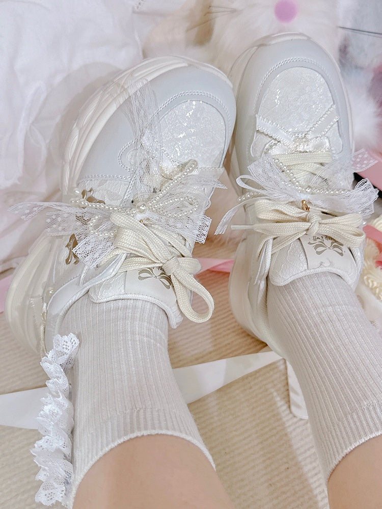 Bowknot Details Lace-up Front Ties White Beaded Decorated Sneakers