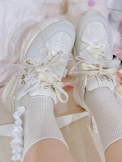 Bowknot Details Lace-up Front Ties White Beaded Decorated Sneakers
