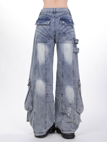 Wash Blue Distressed Cargo Jeans with Adjustable Strap Accents Faded