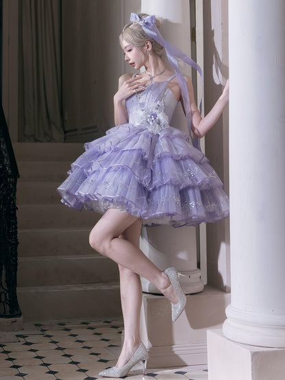 Purple Rhinestone Balletcore Lolita Silver Star Shimmer Dress - Nikki Tomorrow