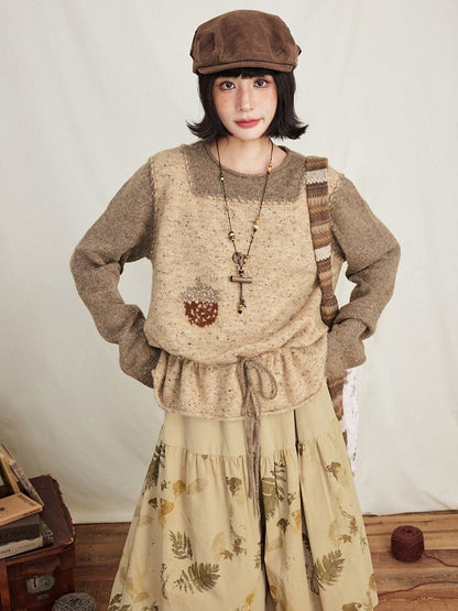 Drawstring Two-Piece Coffee Sweater Mock Pinecone Waist Kawaii Print with Vintage