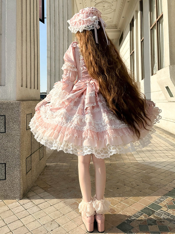 Kleid Sweet Lolita Rosa Akzente Hohe Abnehmbare mit Ärmeln Schleife Taille Prinzessin