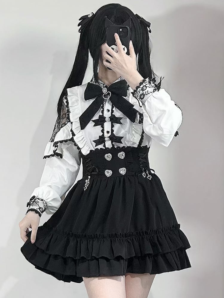 Skirt Decorated Jirai Heart Rhinestone Tiered Lace-up Kei Details Black