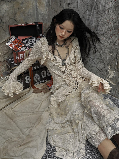 Drawstring Bell Detail Vintage with Ruffle Apricot Sleeves Blouse