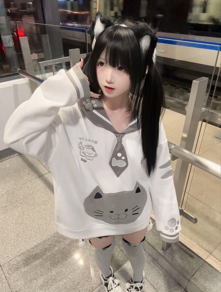 Kawaii Puff Core Cat Sailor with 3D Collar Embroidery Sweatshirt Design Otome White Gray