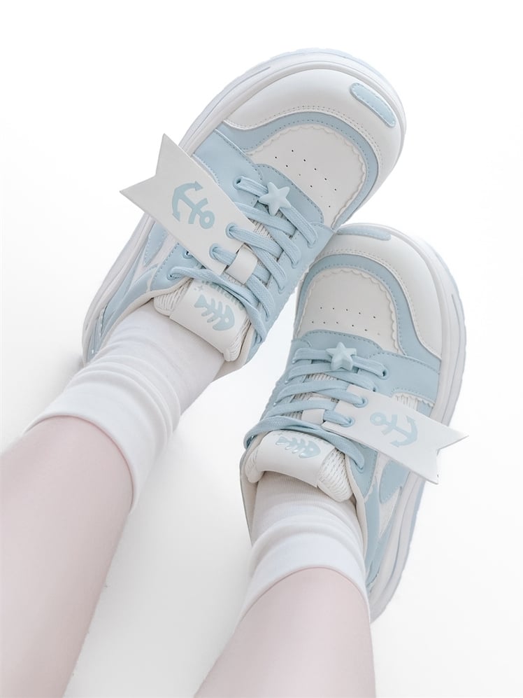 Light Blue Tenshi Kaiwai Platform Sneakers with Anchor Fish Bone Decor and Front Lace-Up Size 35 - GURURU