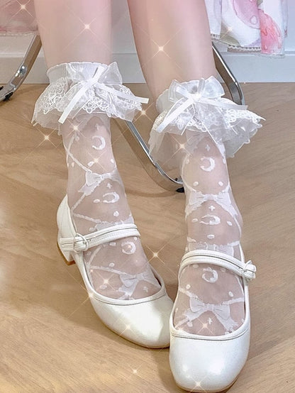 Lace Cuffs Moon and Bowknots Sweet Socks Black/White Lolita Pattern
