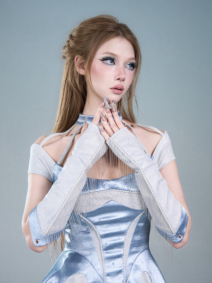 Blue Rhinestone Wrist Cuffs with Tassel Details - Virtual Orbit