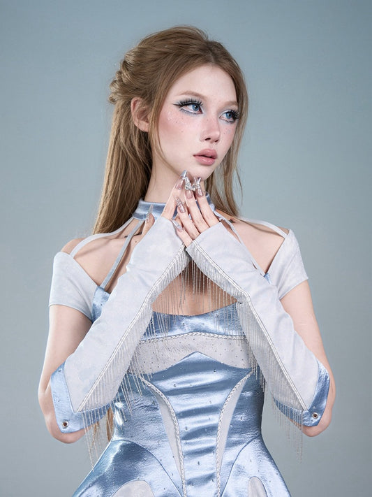 Blue Rhinestone Wrist Cuffs with Tassel Details - Virtual Orbit