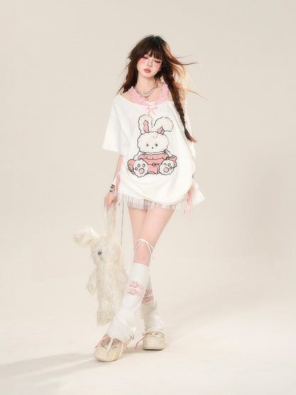 T-Shirt Muster Entzückende Ausschnitt Schulter Kordelzug Taille Bunny Weiß Lose