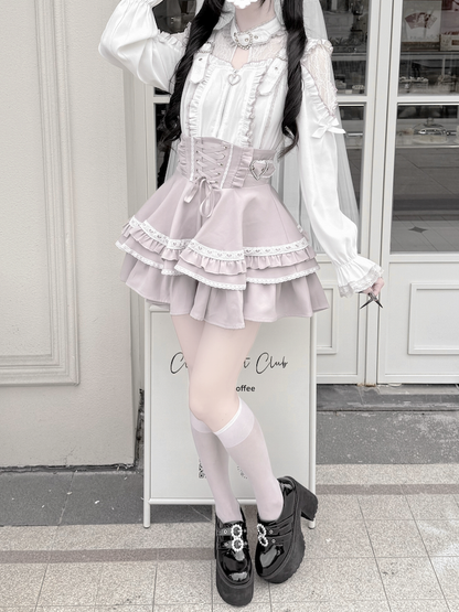 Sweet Jirai Kei Zip-Up Top: Pink & White with Lace Shoulder Cutouts & Illusion Buckle Neckline