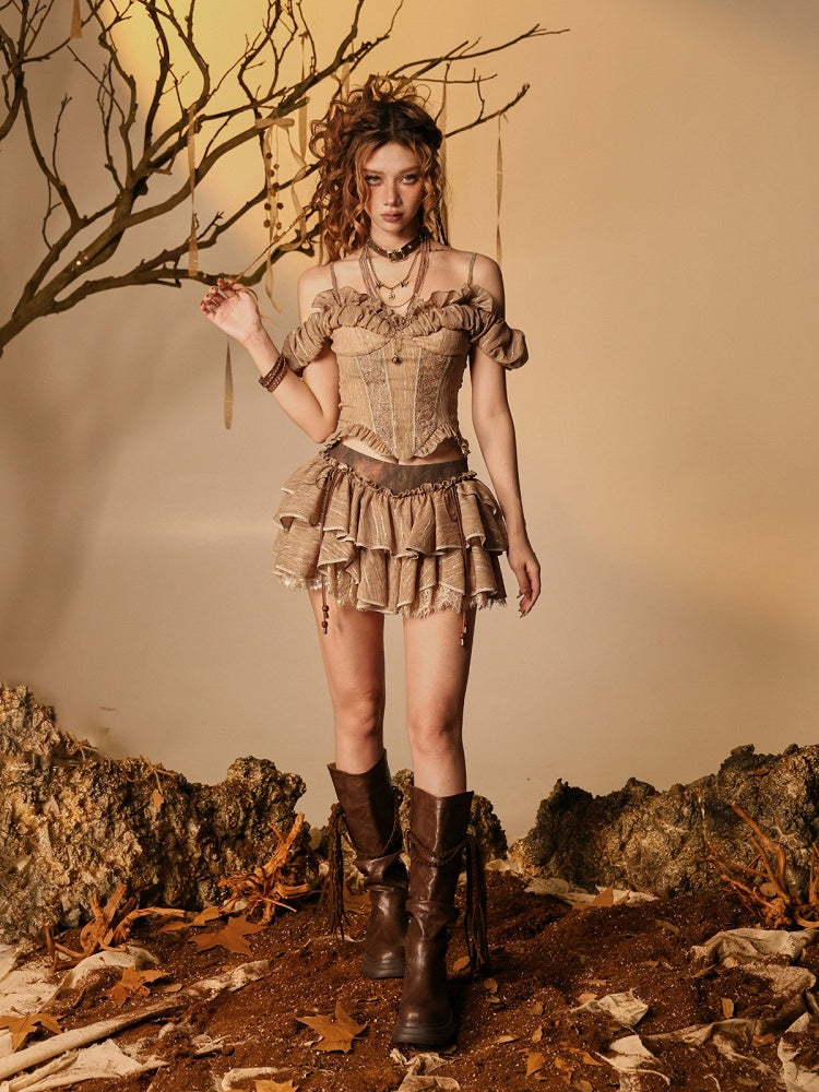 Brown Off-Shoulder Puff Sleeve Blouse with Ruffled Lace - Virtual Orbit