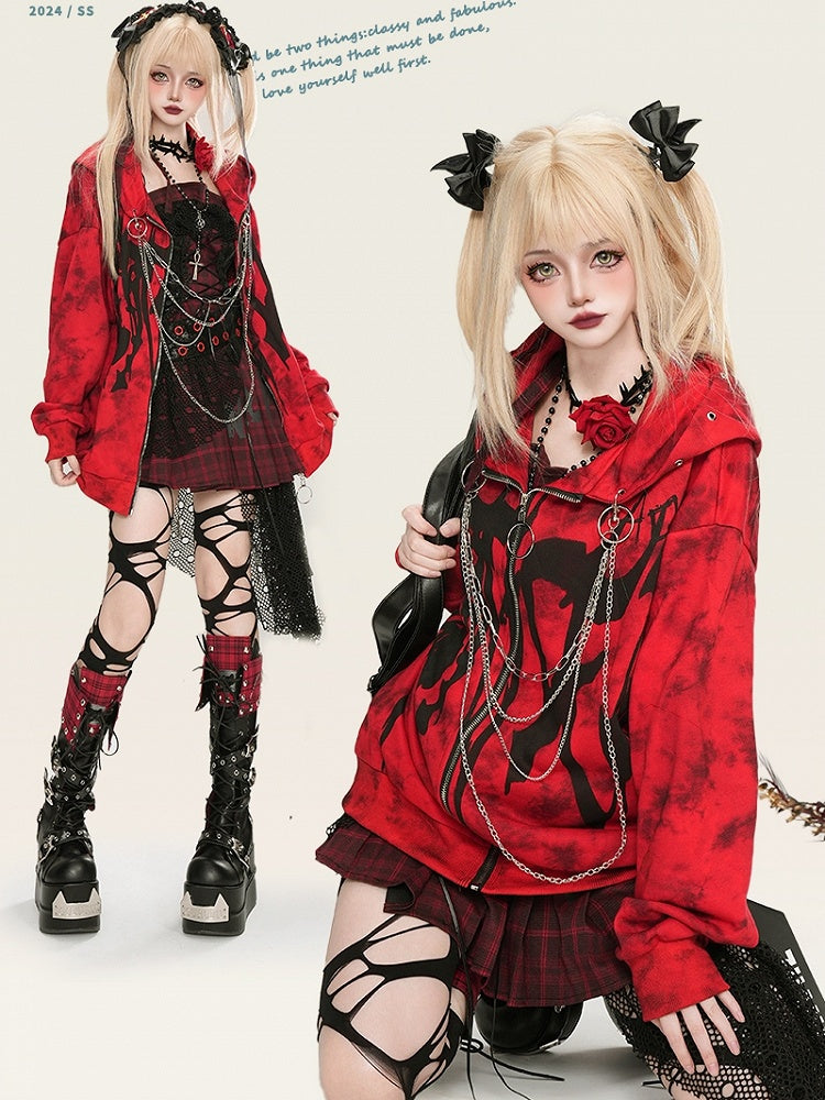 Punk Red Letters Chain Design Zip Hoodie