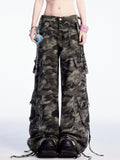 Cargohose mit weitem Bein, niedrige Taille in Camouflage, Vintage