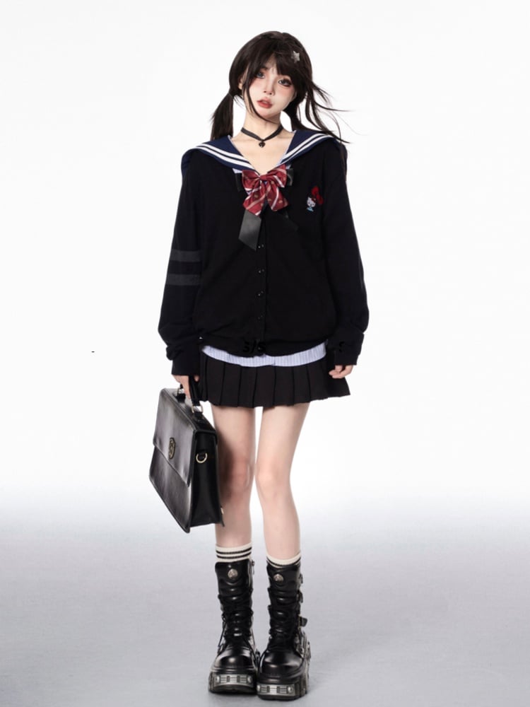 Pleated Skirt Style Double Heart Buckles Black Preppy