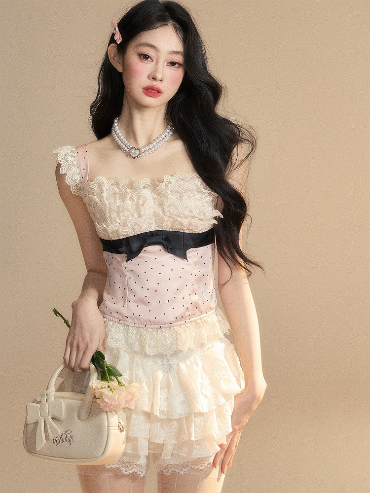 Glamorous Rosa Polka-Dot Muster Ärmelloses Top Rüschen Spitze Trim Detail Schleife