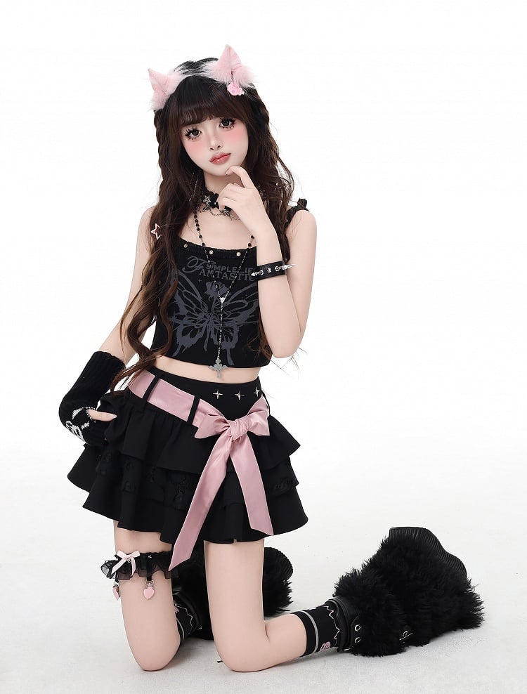 Bittersweet with Black Bow Mini Skirt Tiered Detachable