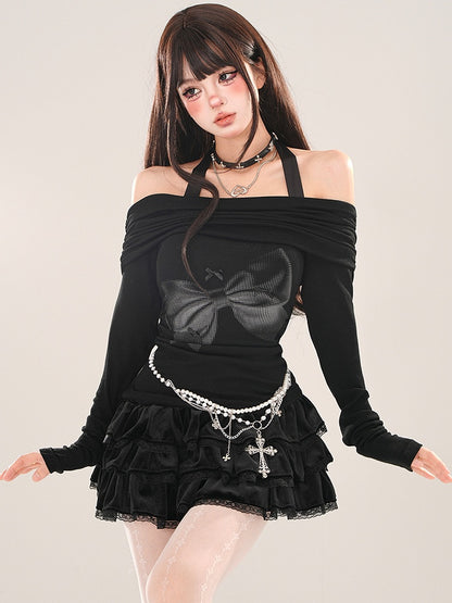 Black Bowknot Halter Neck Knit Top