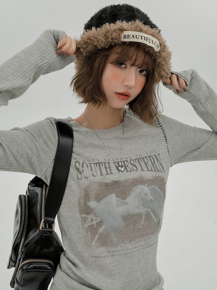 Vintage Retro Printed Long Sleeve Knit Tee in Size S Clearance - Girlyhalo
