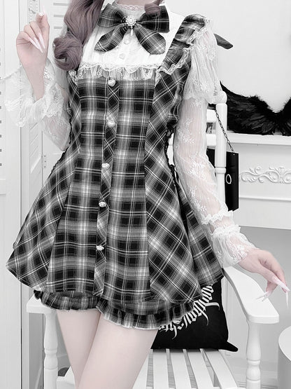 in White Blue/Black Top Light Jirai Juliet Kei Plaid Matching Set: Shorts and Sleeve