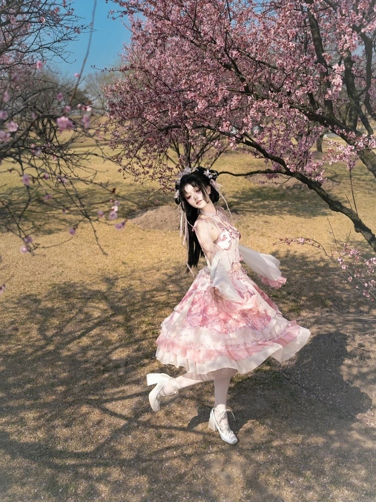Dress Qi Cheongsam Sakura Skirt Lolita Print Jumper Pink Style