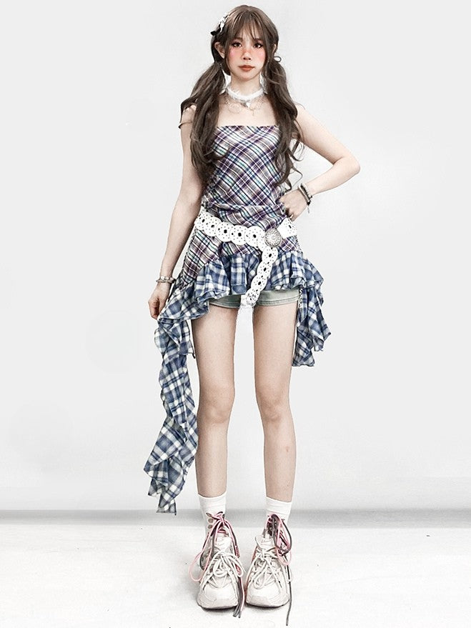 Pattern Asymmetrical Plaid Glamorous Cami Hem Y2K Top BluePurple