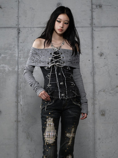 Top Strick Grau mit Einsätzen Off-Shoulder Denim Design Vintage Punk