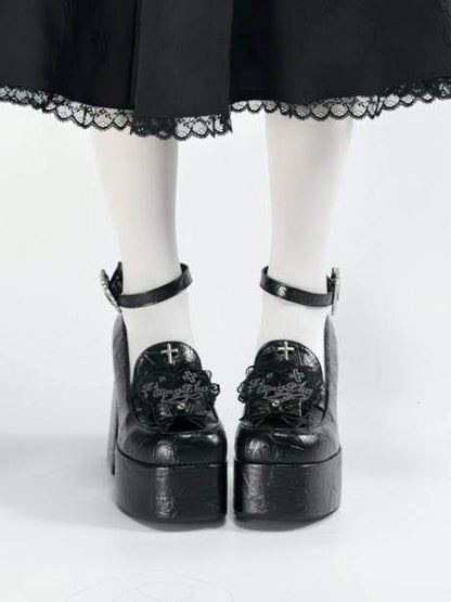 Clips Heel Block Mary Bow Details Decor Janes PU Black Gothic with Heart Cross Detachable High