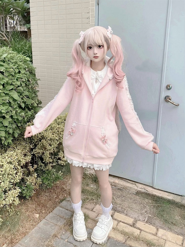 Style Hoodie Bow Zip-up Lace Jirai | Light with Pink Ears Kei Details and Bunny