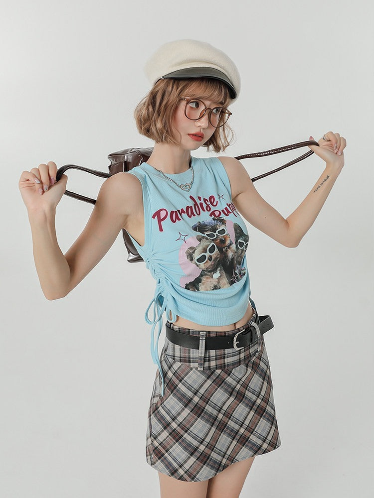 Light Blue Retro Puppy Print Ruched Sleeveless Top - Girlyhalo