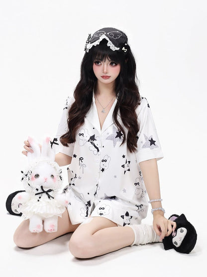 White Daily Kawaii Bunny Print Loungewear Set Short Sleeve Top Shorts - CRAZY GIRL