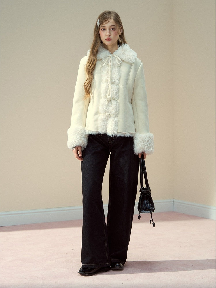 Fur Jacket Toggle with Beige Collar Vintage Button