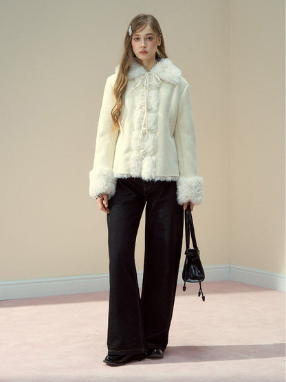 Fur Jacket Toggle with Beige Collar Vintage Button