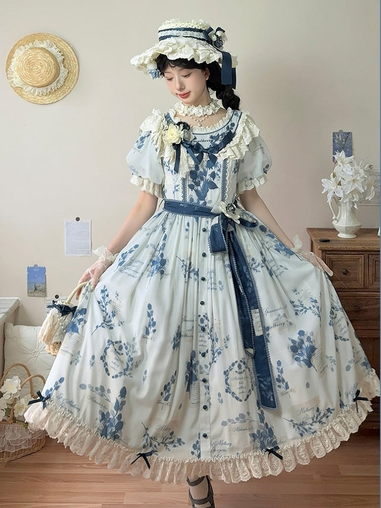 Self-tie Poetry‌ Classic Sash Lolita Sizes Plus Blue Print Elegant and with Available Mulberry Dress