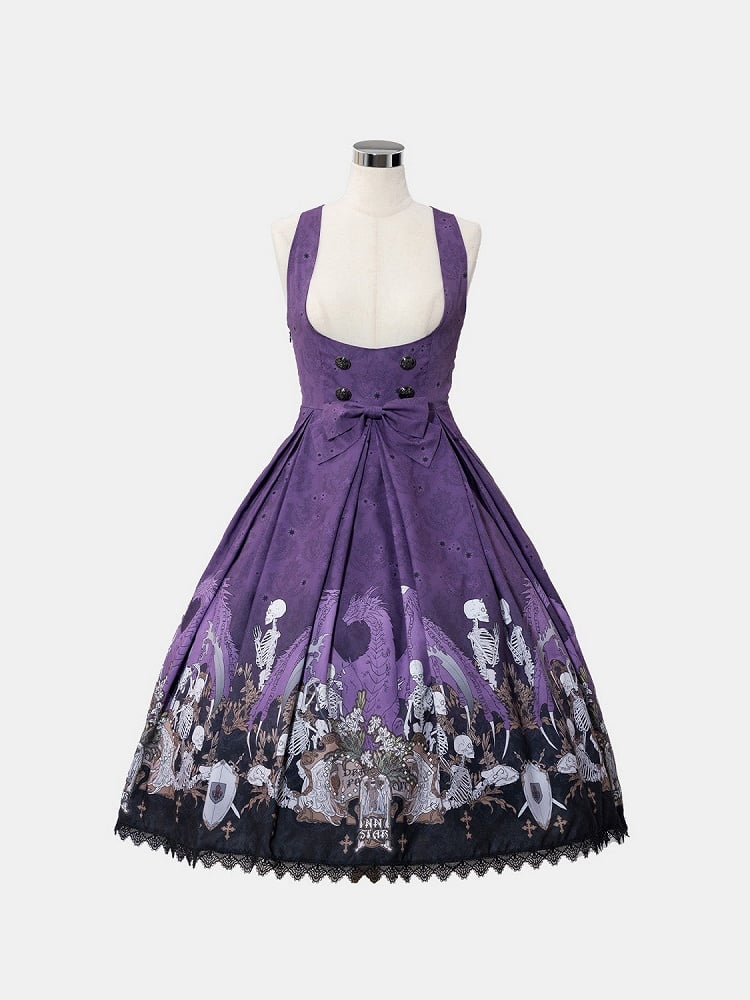 Purple Skeleton Cross Print Under Bust Gothic Lolita Dress with Black Lace Trim - NnSTAR