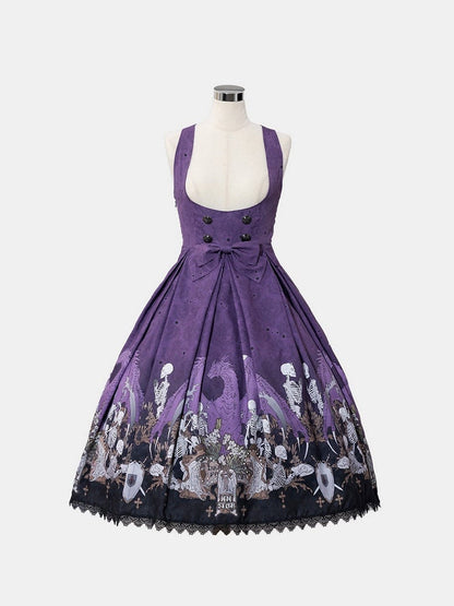 Purple Skeleton Cross Print Under Bust Gothic Lolita Dress with Black Lace Trim - NnSTAR