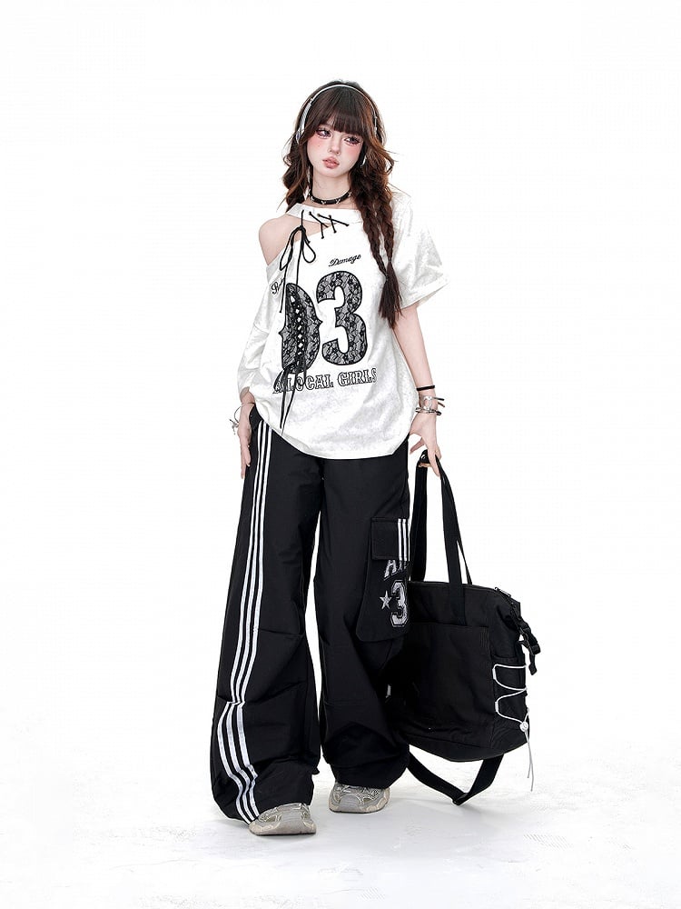 Schwarze Cargo-Taschen mit Kordelzug in der Taille und lockerem, geradem Bein