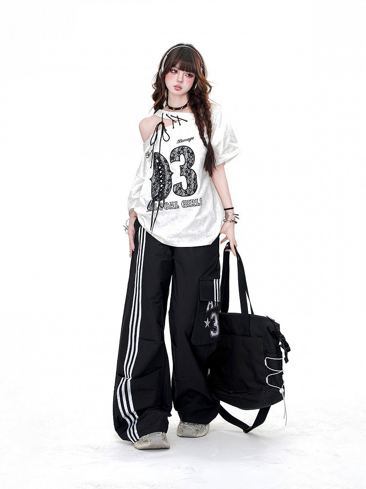 Lose Gerade-Bein Hosen Taschen Schwarz Kordelzug Taille Cargo