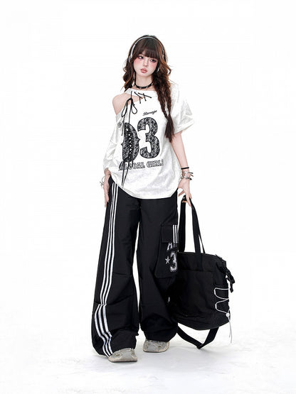 Lose Gerade-Bein Hosen Taschen Schwarz Kordelzug Taille Cargo