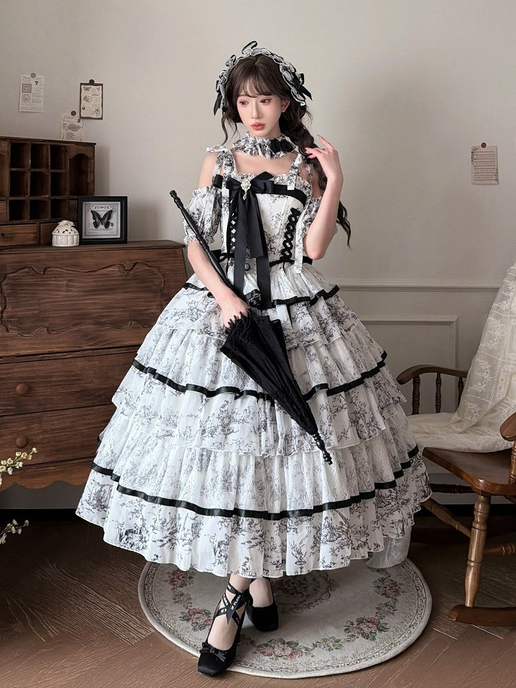 Black & White Porcelain-Inspired Lolita Choker with Roses - Sleepless Star