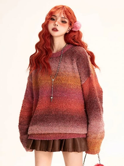 Crewneck Gradient Sweater Vibes Pink Rainbow Pullover Playful Red