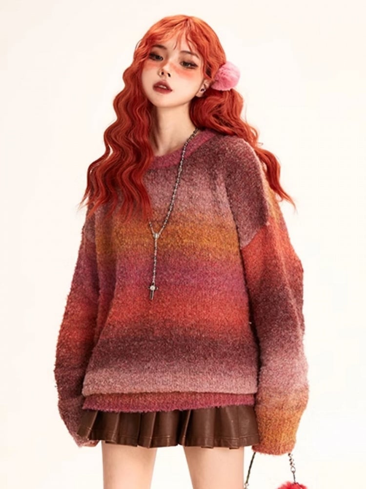 Crewneck Gradient Sweater Vibes Pink Rainbow Pullover Playful Red